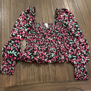 Topshop Black Smocked Cherry-Print Long Sleeve Crop Top